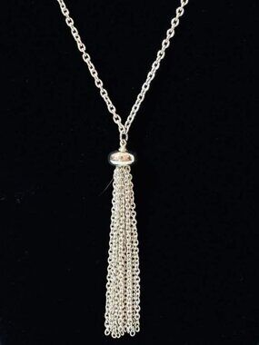 N49 - Silver Tone Tassel Necklace 28” Long Chain Fringe Pendant Minimalist